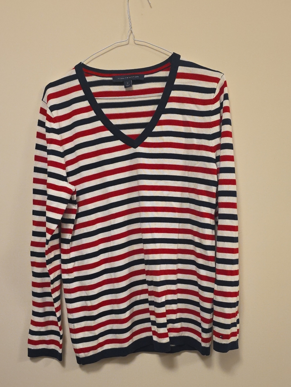 Tommy Hilfiger Red, White & Navy Striped V-Neck Sweater